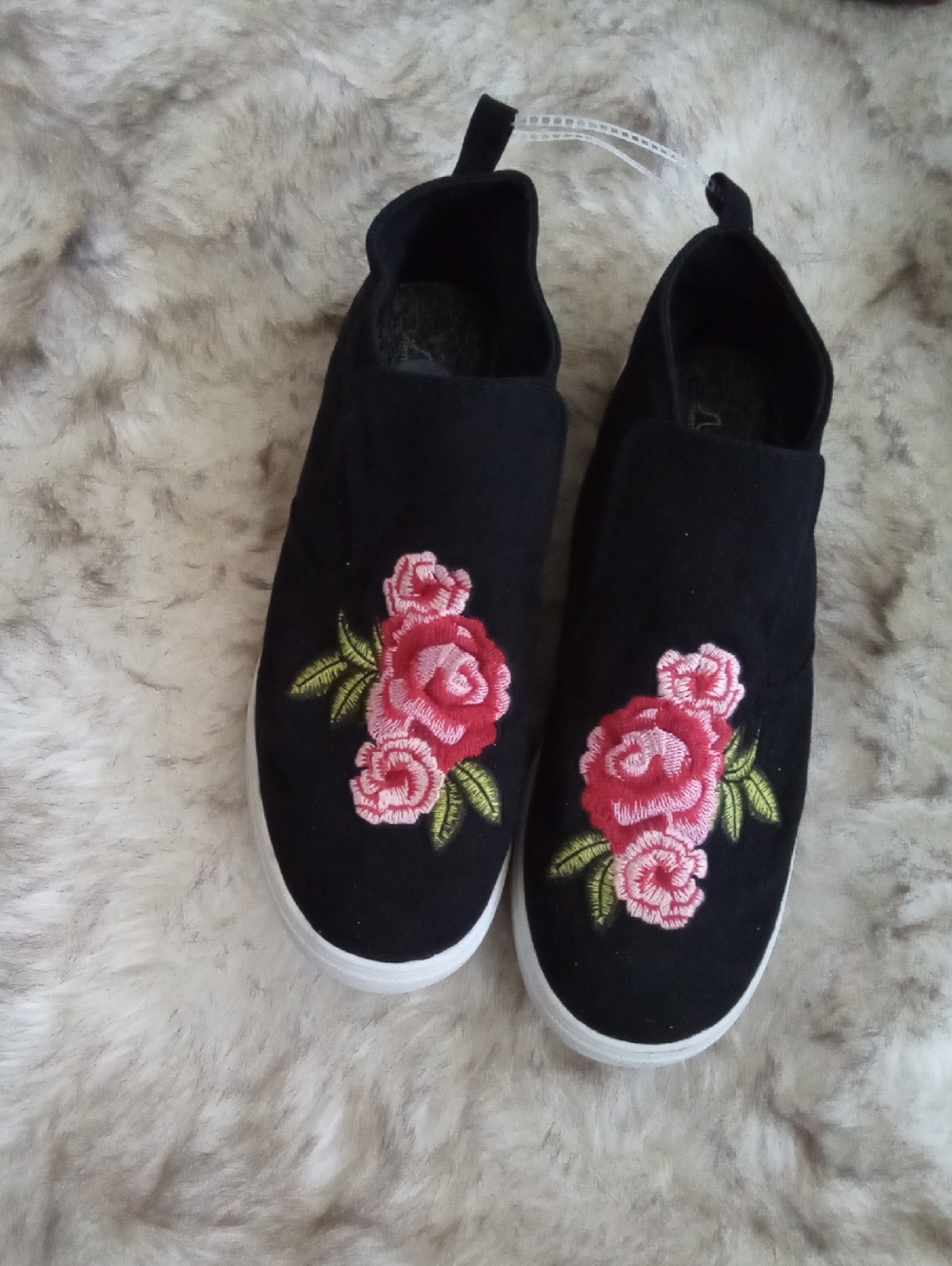 Sugar Black Slip-On Sneakers with Pink Rose Embroidery